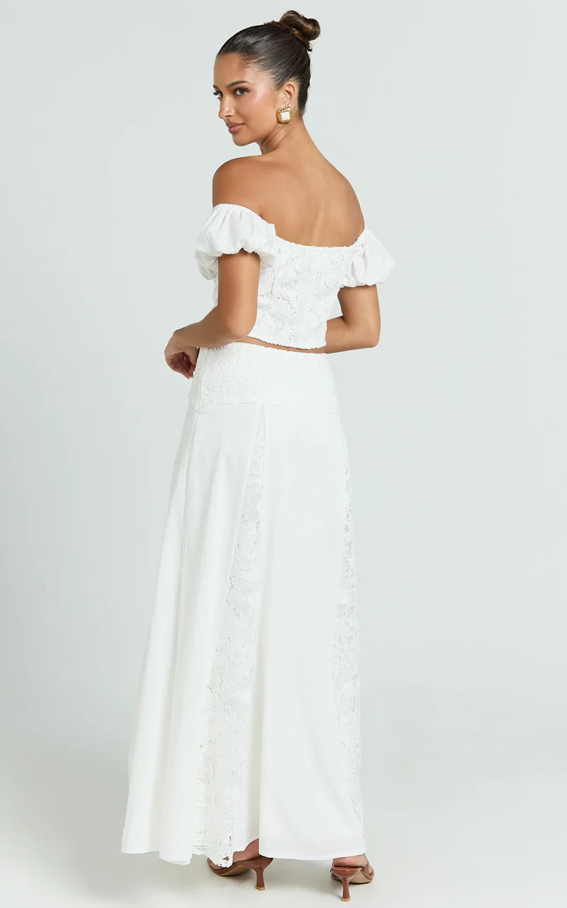 Belle Two Piece Set - Off Shoulder Top and Maxi Skirt Set in White