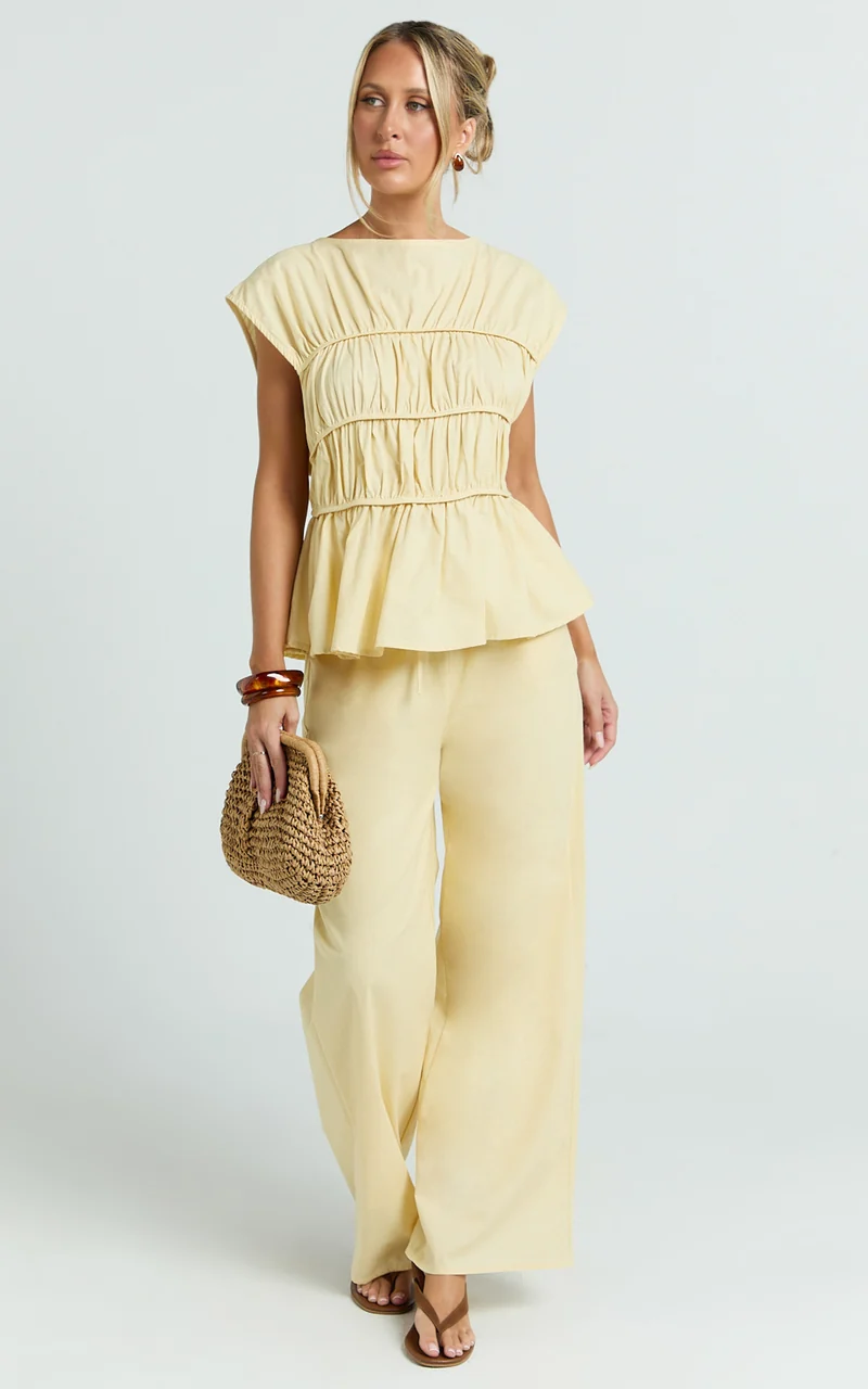 Auric Two Piece Set - Ruched Detail Top and Wide Leg Pants Set in Lemon