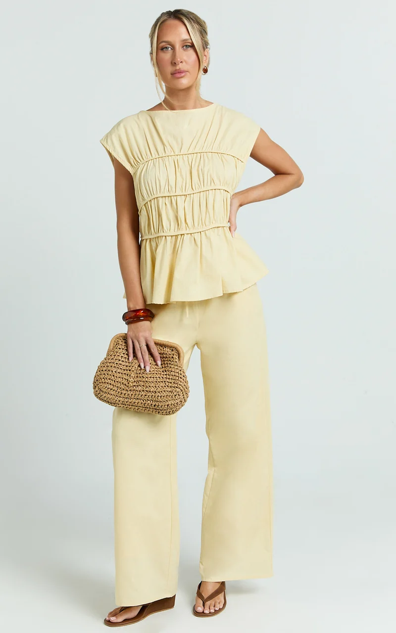 Auric Two Piece Set - Ruched Detail Top and Wide Leg Pants Set in Lemon
