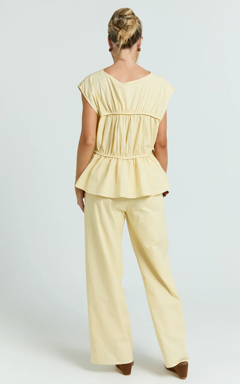 Auric Two Piece Set - Ruched Detail Top and Wide Leg Pants Set in Lemon