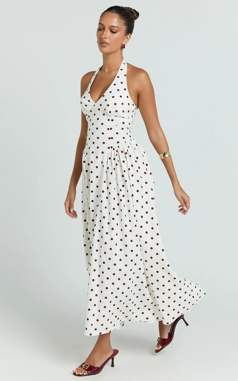 Athena Midi Dress - Halter Drop Waist Dress in Red Polka Dot