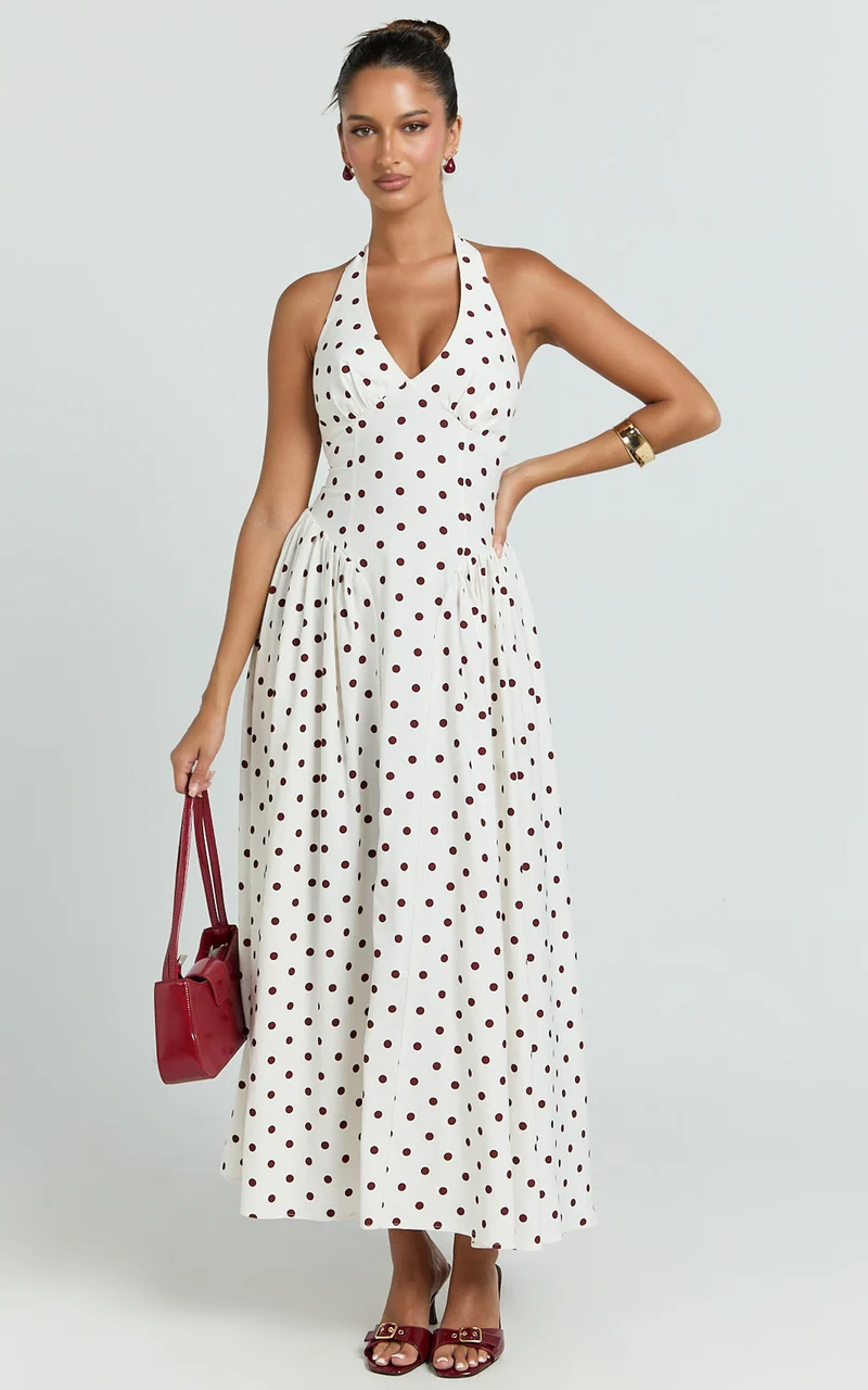 Athena Midi Dress - Halter Drop Waist Dress in Red Polka Dot