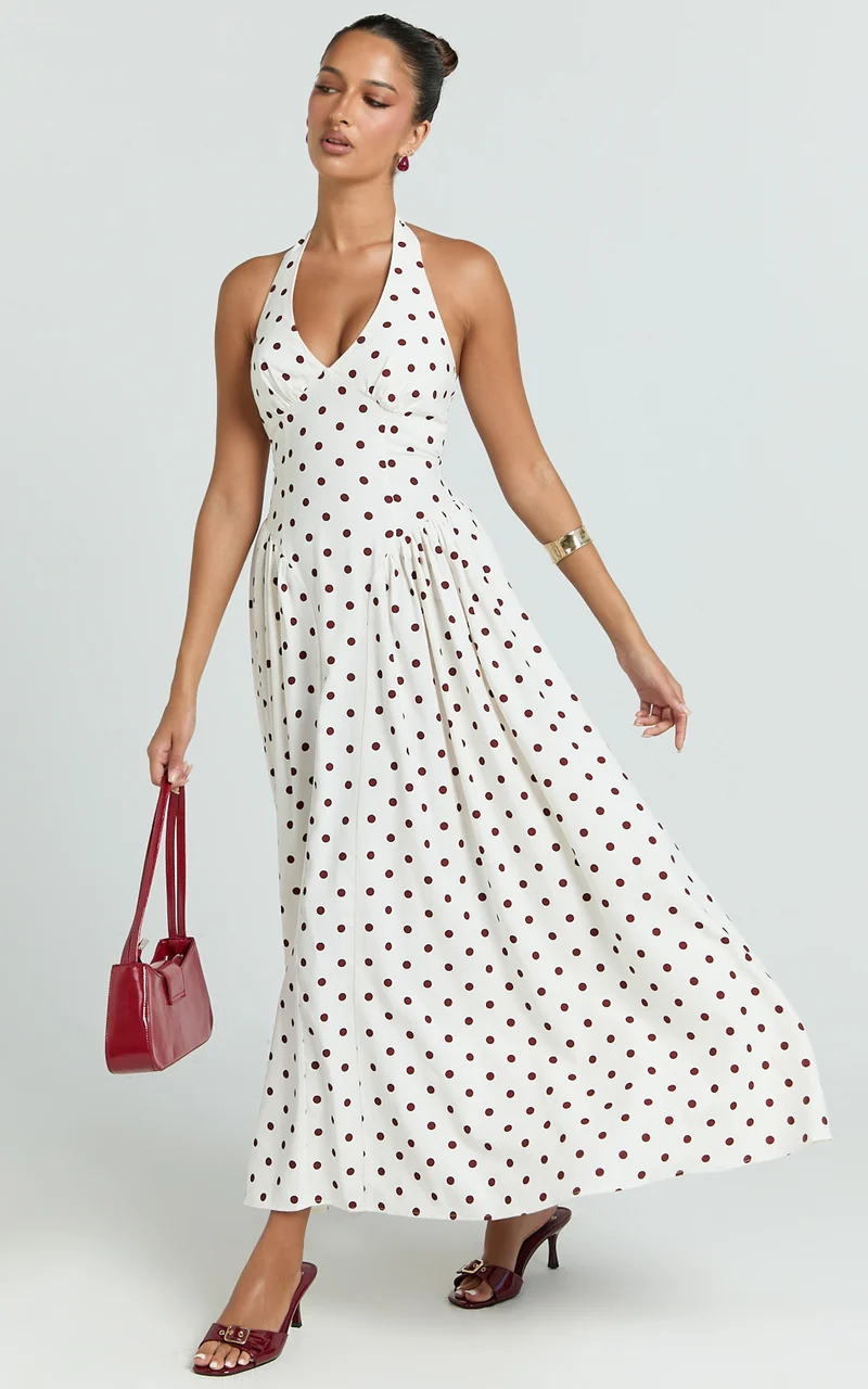 Athena Midi Dress - Halter Drop Waist Dress in Red Polka Dot