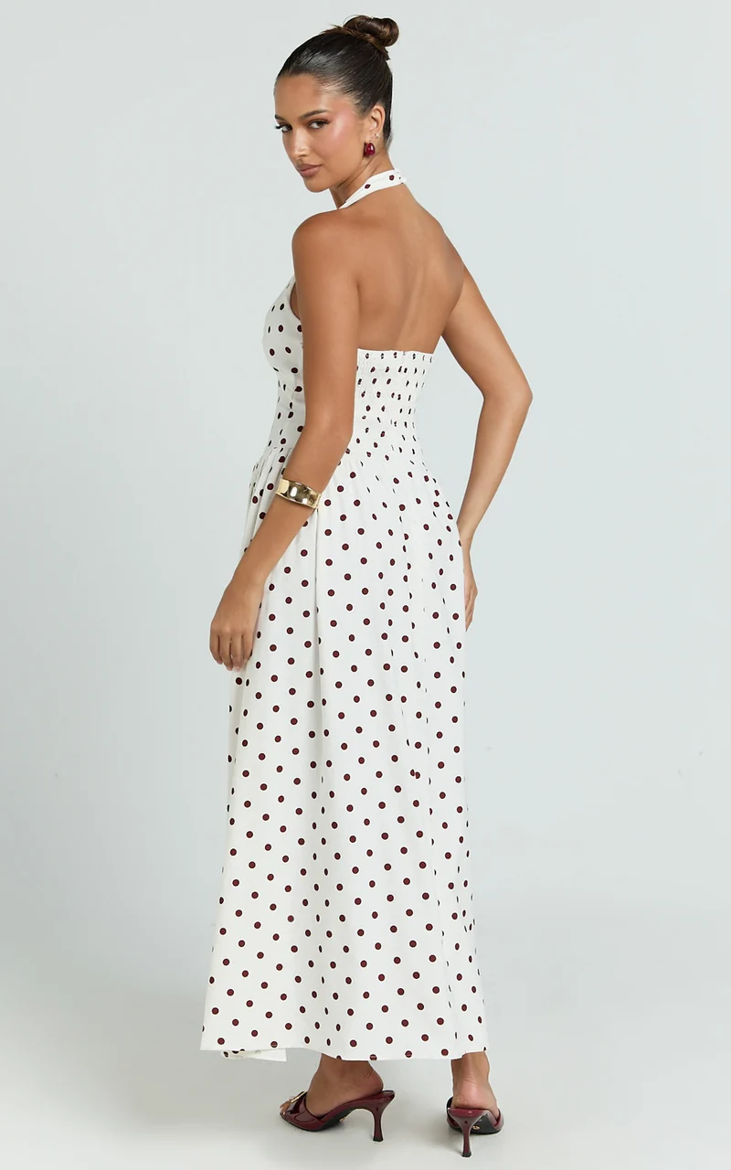 Athena Midi Dress - Halter Drop Waist Dress in Red Polka Dot