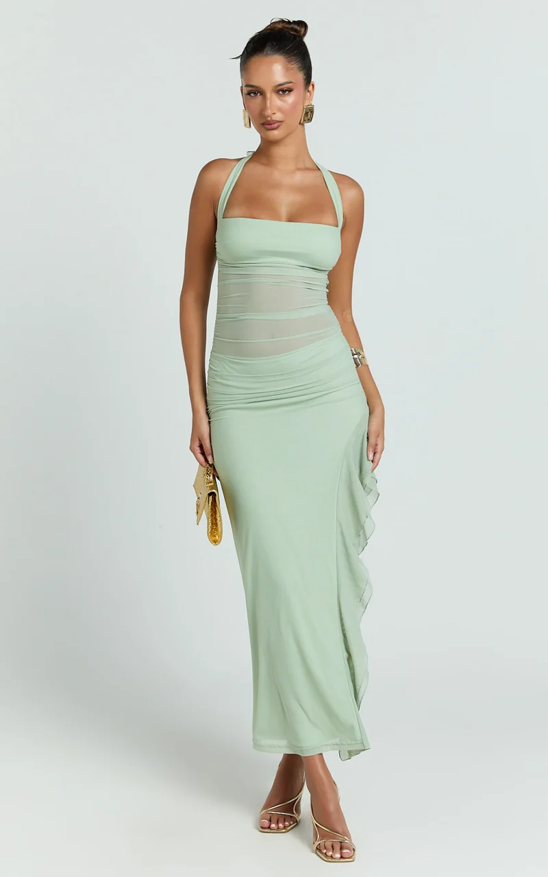 Almarie Midi Dress - Halter Neck Mesh Dress in Sage