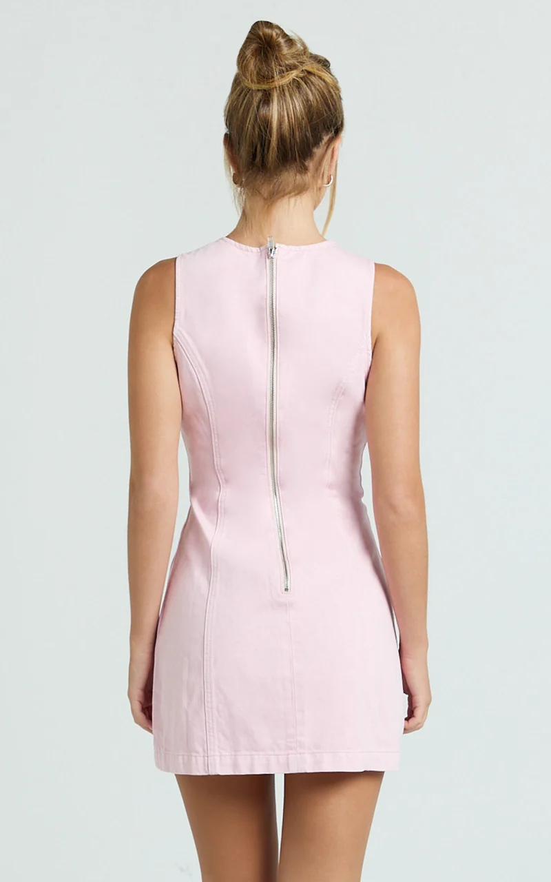 Olenna Mini Dress - High Neck Fitted Denim Dress in Pink
