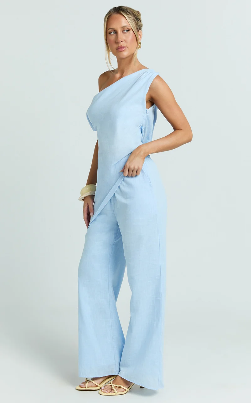 Annalie Two Piece Top and Pants Set - Off Shoulder Linen Set in Baby Blue