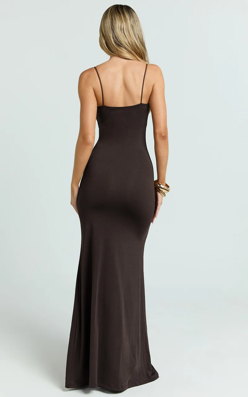 Edna Maxi Dress - Straight Neck A Line Maxi Dress in Choc