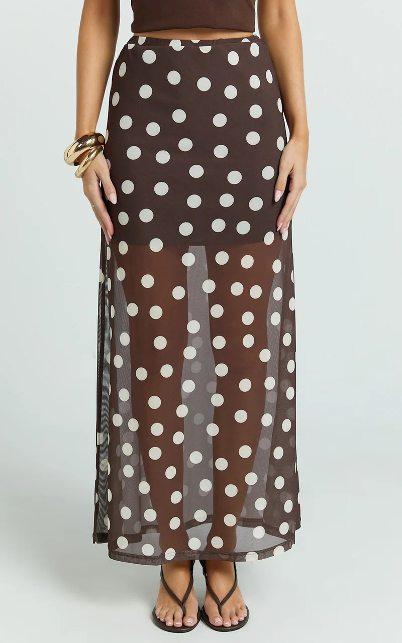 Ella Midi Skirt - Sheer Layered Skirt in Chocolate Polka Dot