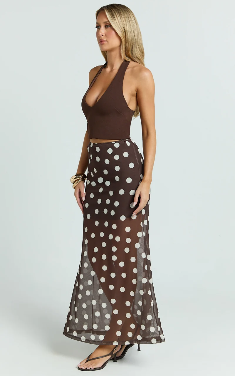 Ella Midi Skirt - Sheer Layered Skirt in Chocolate Polka Dot