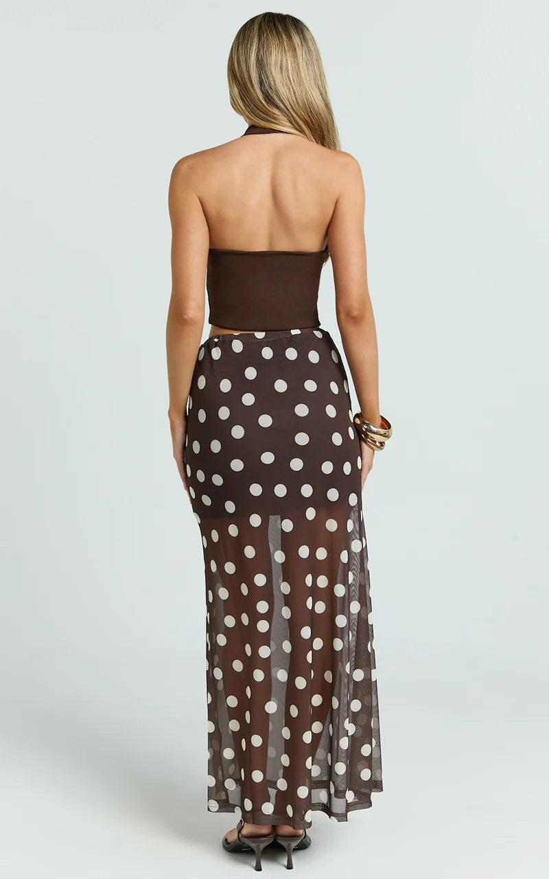 Ella Midi Skirt - Sheer Layered Skirt in Chocolate Polka Dot