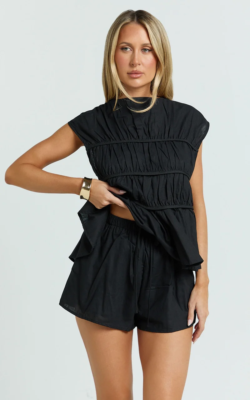 Alina Two Piece Set - Ruched Detail Top and Short Pants Set in Black