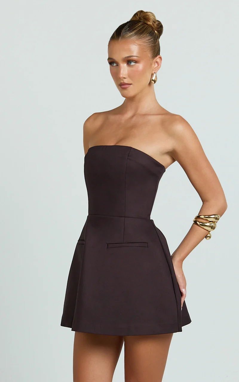 Benson Playsuit - Strapless Fit and Flare Playsuit in Chocolate