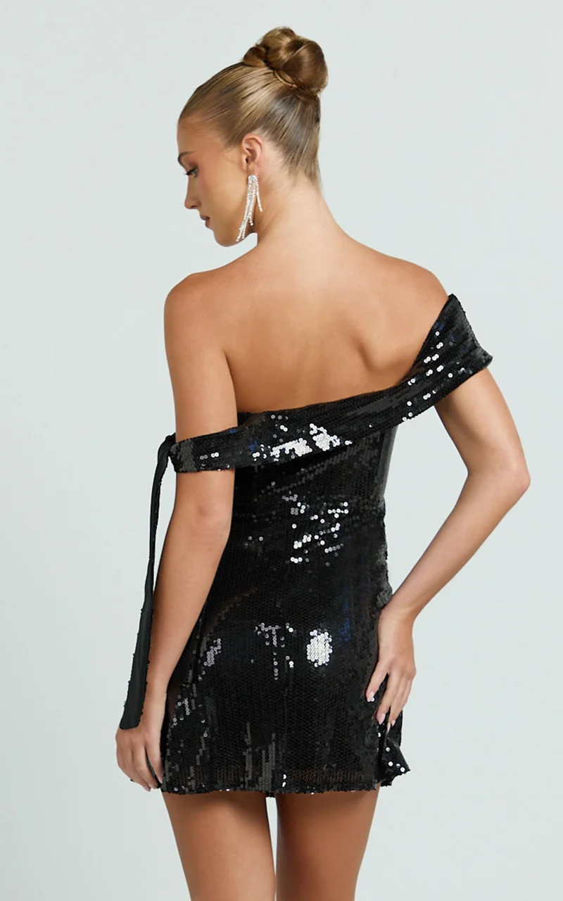Ace Mini Dress - Sequin Off Shoulder Tie Detail Dress in Black