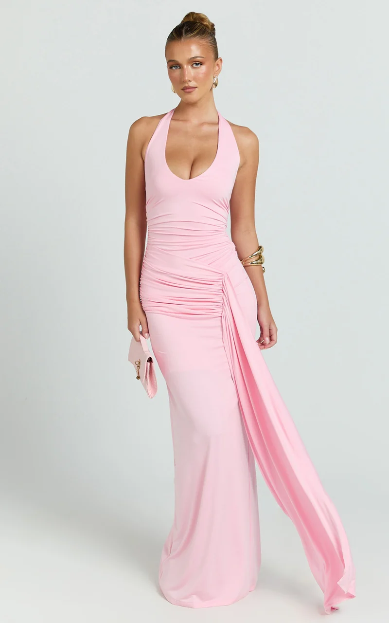 Dixie Maxi Dress - Plunge Halter Low Back Dress in Pink