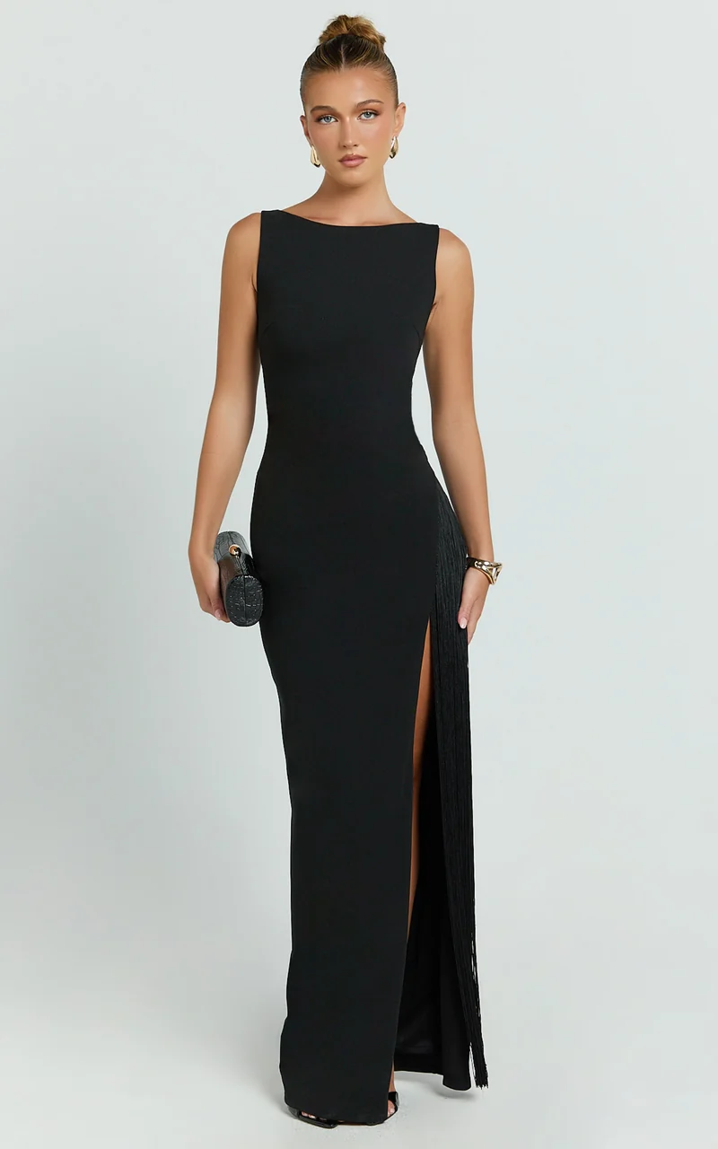 Joanne Maxi Dress - Scoop Neck Fringe Dress in Black