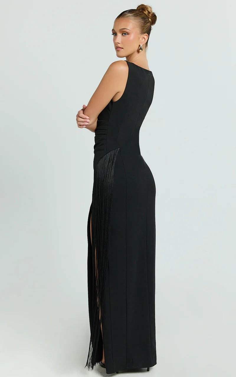 Joanne Maxi Dress - Scoop Neck Fringe Dress in Black