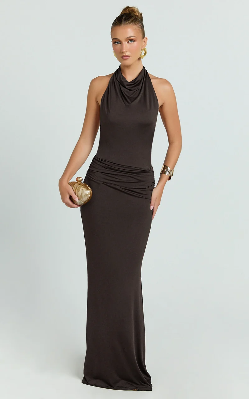 Lizzy Maxi Dress - Backless Ruched Bodycon Dress in Chocolate