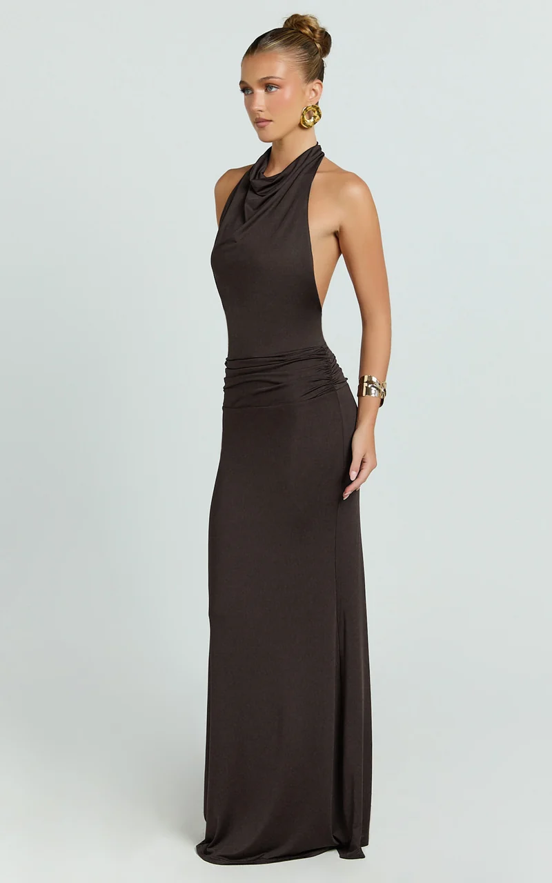 Lizzy Maxi Dress - Backless Ruched Bodycon Dress in Chocolate