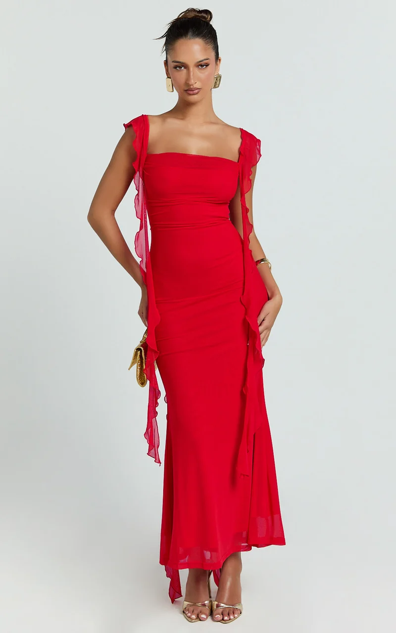 Rosha Midi Dress - Ruffle Strap Dress in Red