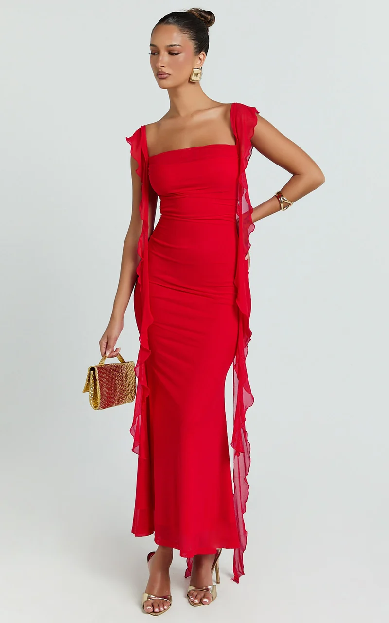 Rosha Midi Dress - Ruffle Strap Dress in Red
