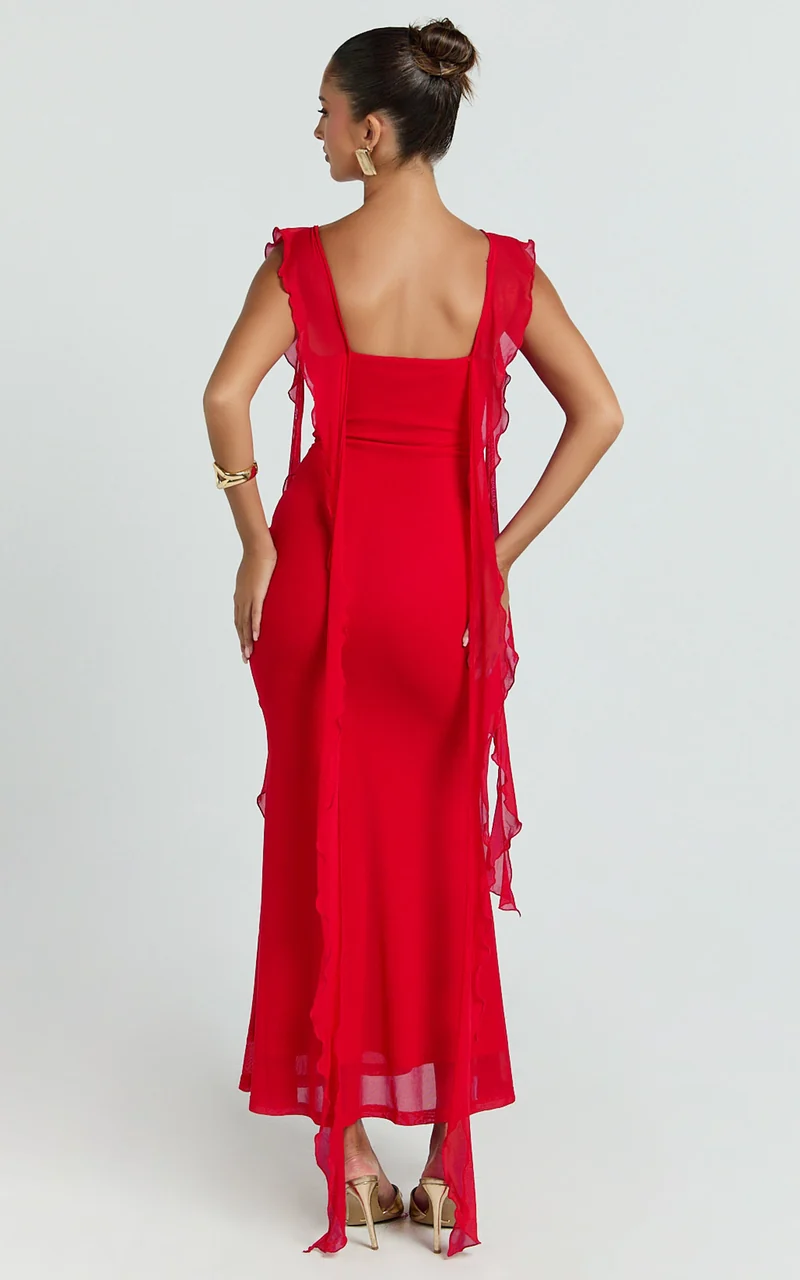 Rosha Midi Dress - Ruffle Strap Dress in Red