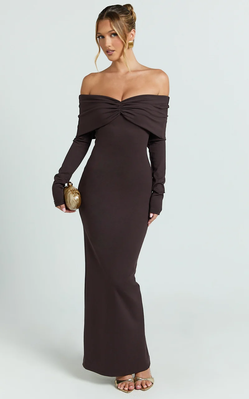 Rani Maxi Dress - Off Shoulder Long Sleeve Bodycon Dress in Chocolate