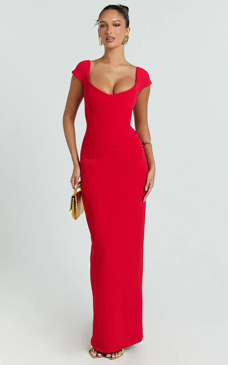 Veronika Maxi Dress - Off Shoulder Plunge High Split Dress in Red