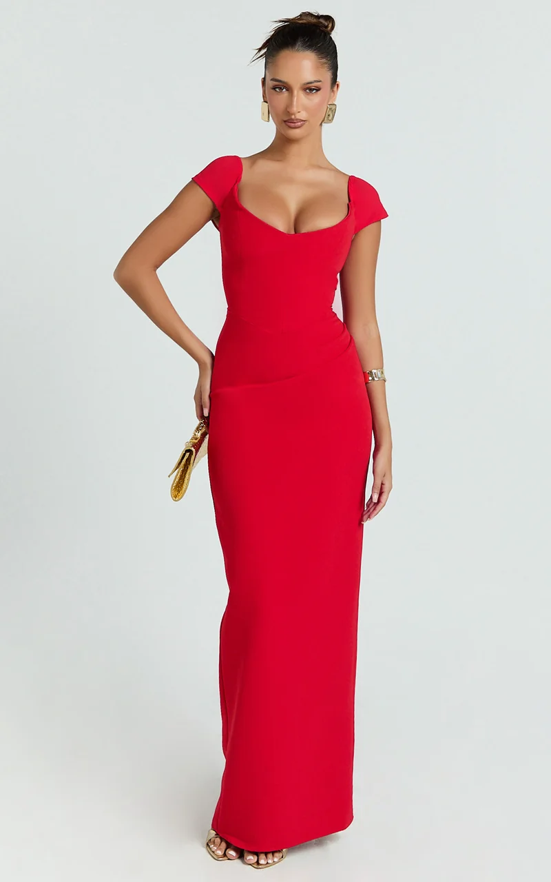 Veronika Maxi Dress - Off Shoulder Plunge High Split Dress in Red