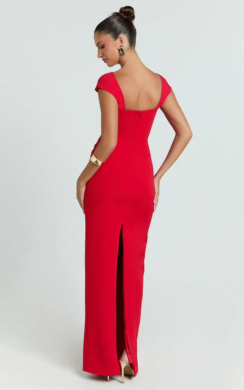 Veronika Maxi Dress - Off Shoulder Plunge High Split Dress in Red