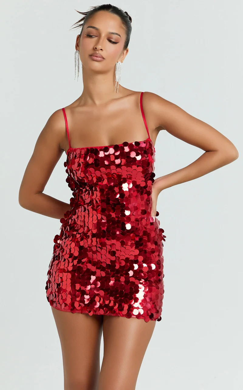 Wilfreda Mini Dress - Sequin Square Neck Bodycon Dress in Red