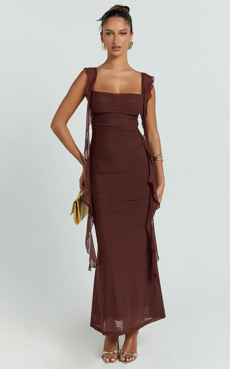 Rosha Midi Dress - Ruffle Strap Dress in Chocolate