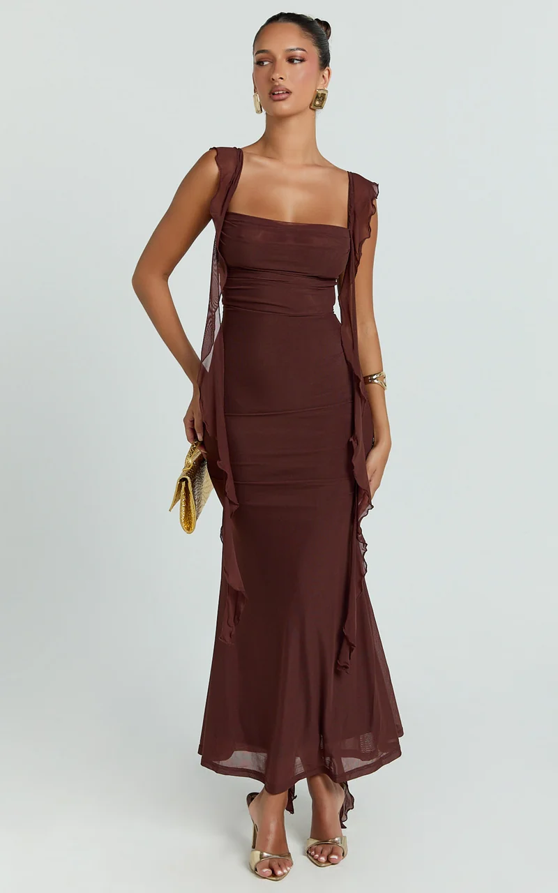 Rosha Midi Dress - Ruffle Strap Dress in Chocolate