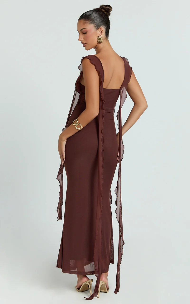 Rosha Midi Dress - Ruffle Strap Dress in Chocolate
