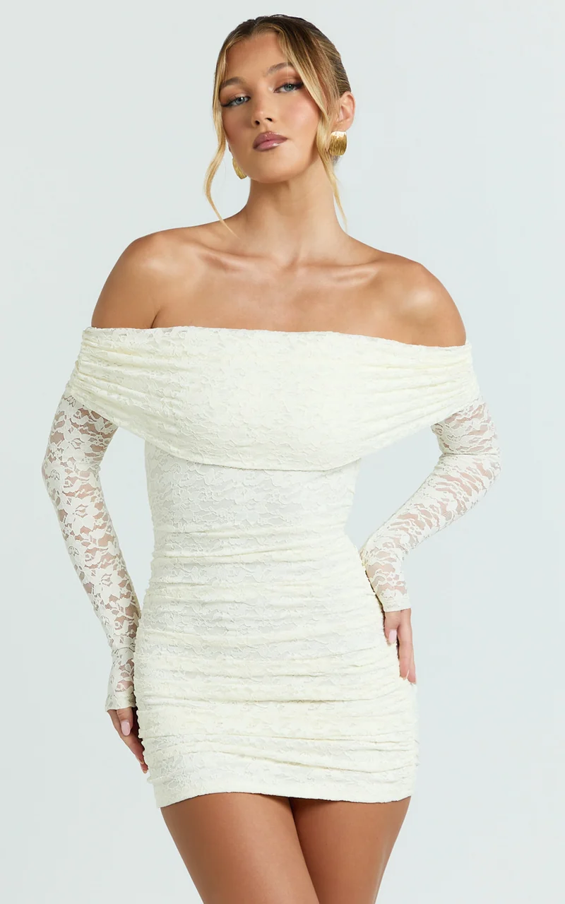 Jensen Mini Dress - Off Shoulder Stretch Lace Bodycon Dress in Cream