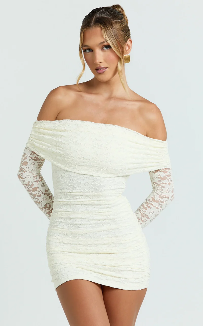 Jensen Mini Dress - Off Shoulder Stretch Lace Bodycon Dress in Cream