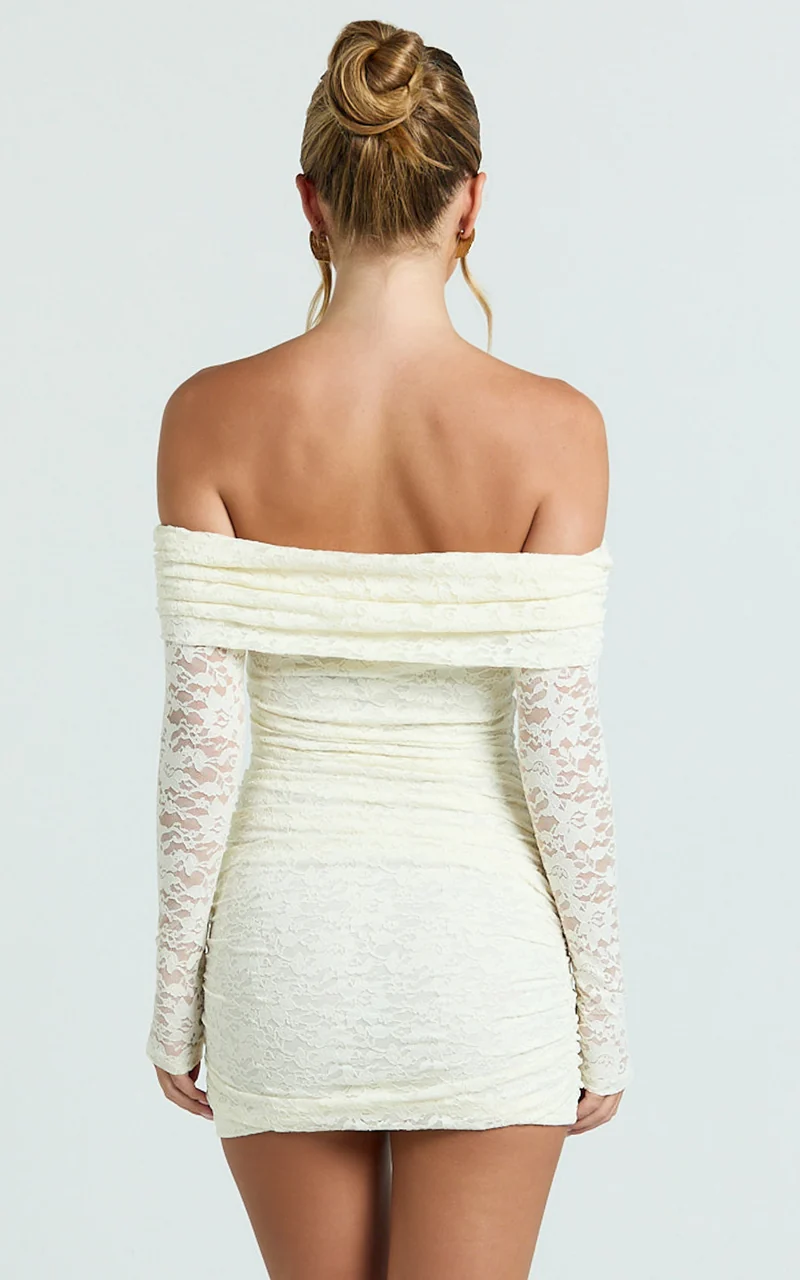 Jensen Mini Dress - Off Shoulder Stretch Lace Bodycon Dress in Cream