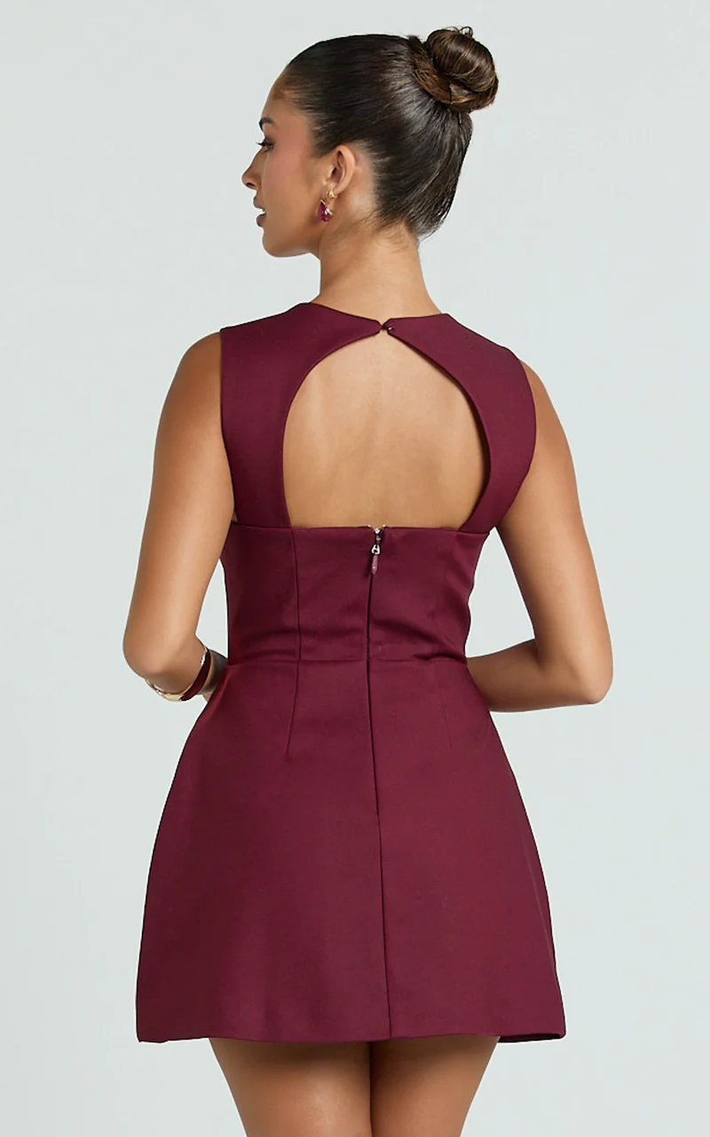 Garrett Mini Dress - Square Neck Fit And Flare Dress in Wine