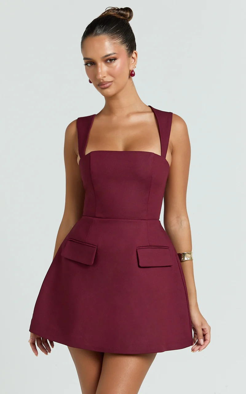 Garrett Mini Dress - Square Neck Fit And Flare Dress in Wine