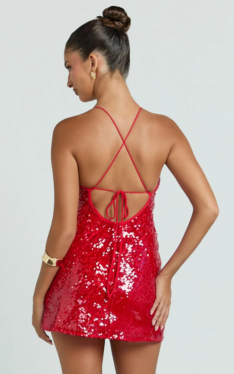 Finn Mini Dress - Plunge Neck Sheer Sequin Dress in Red