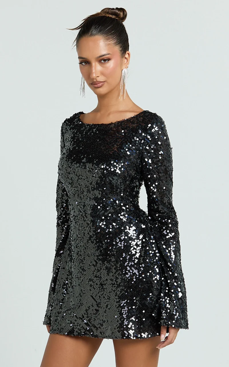 Bertina Mini Dress - Sequin Scoop Neck Low Back Dress in Black