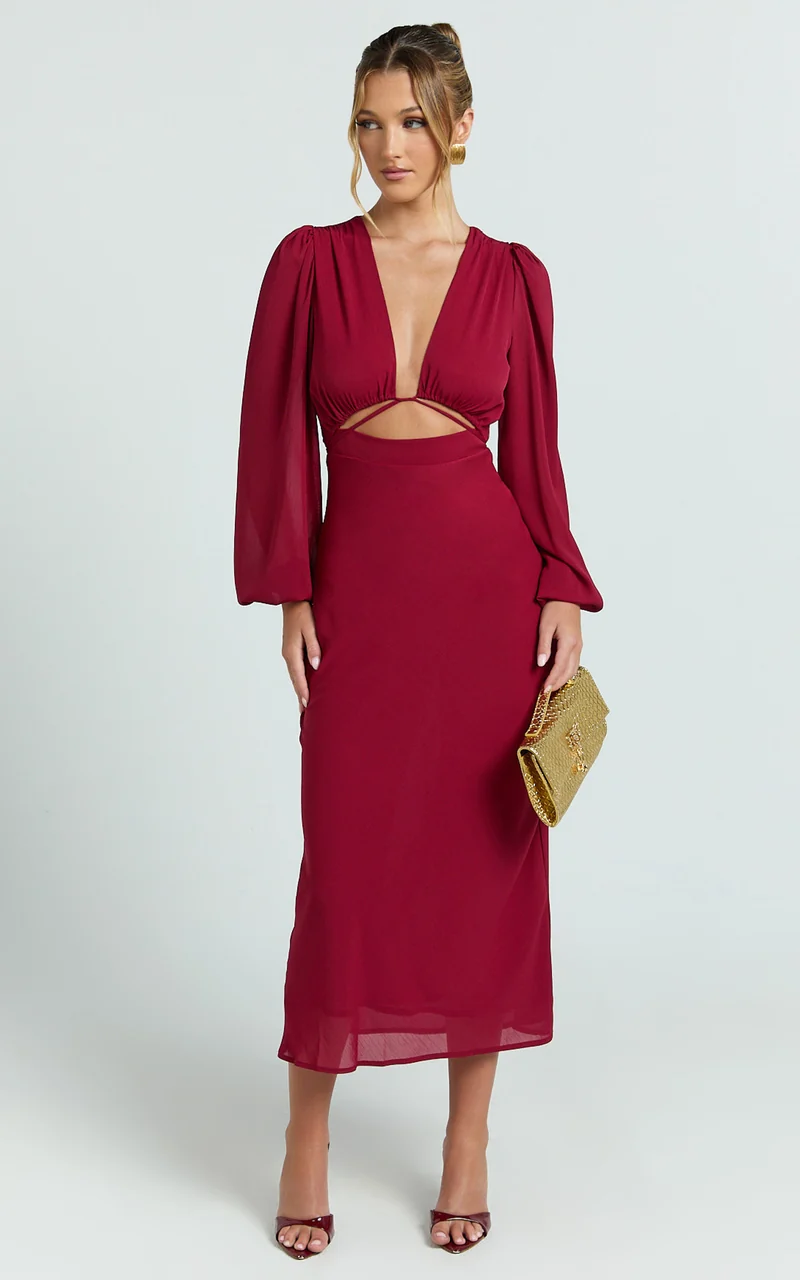 Artola Midi Dress - Front Cut Out Long Sleeve Dress in Wine