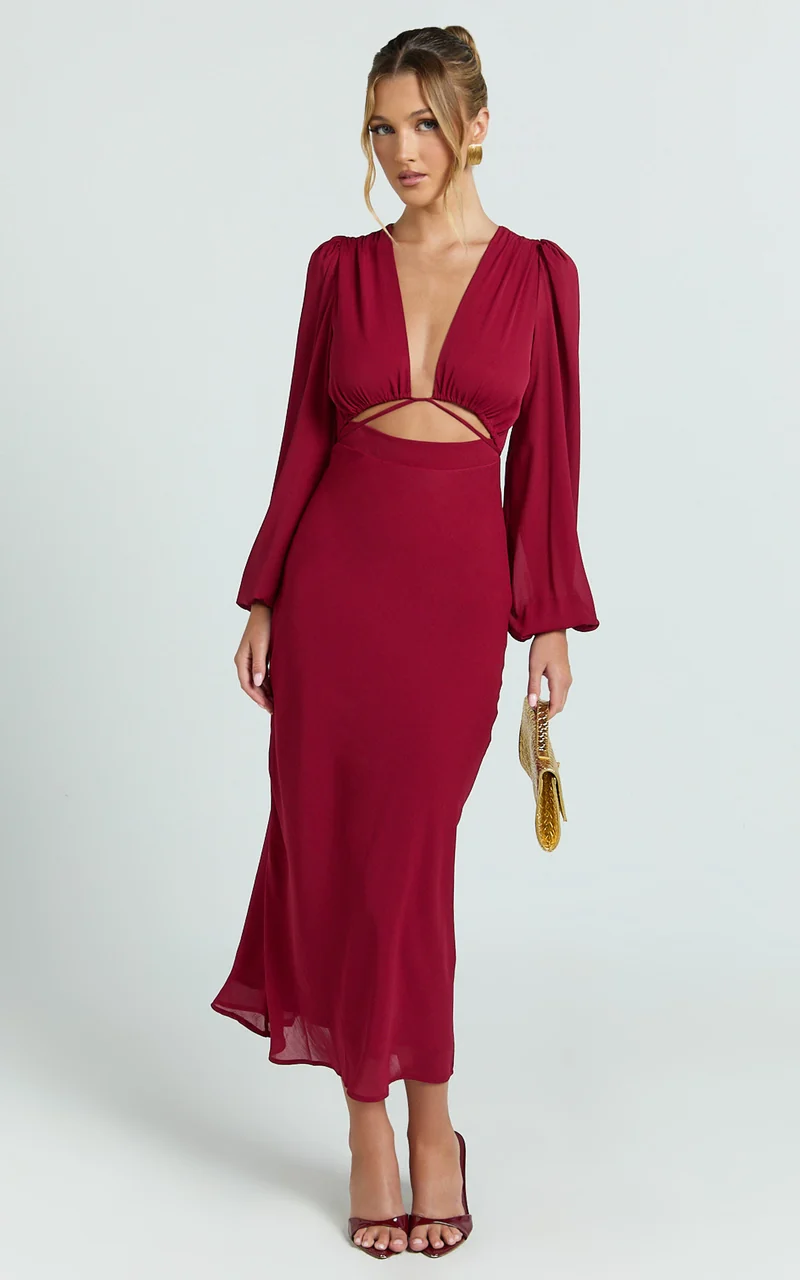 Artola Midi Dress - Front Cut Out Long Sleeve Dress in Wine