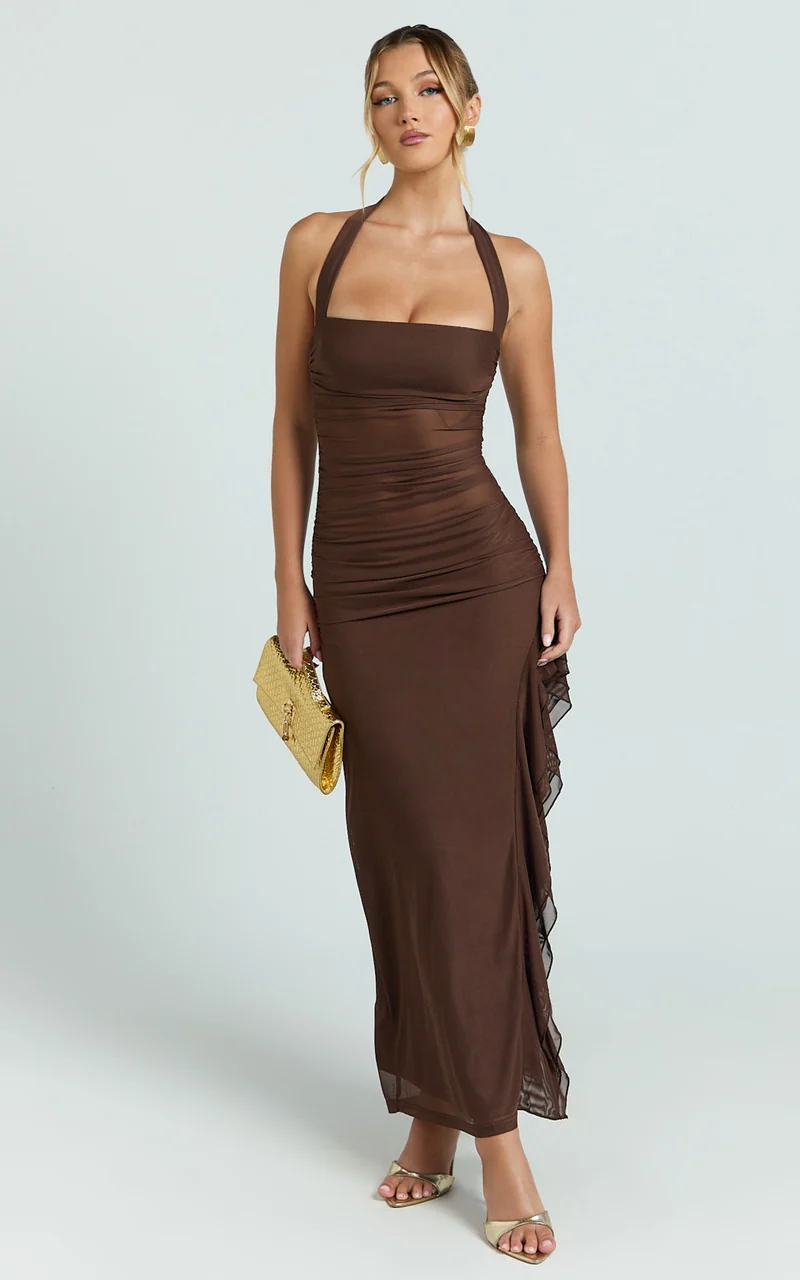 Almarie Midi Dress - Halter Neck Mesh Dress in Chocolate