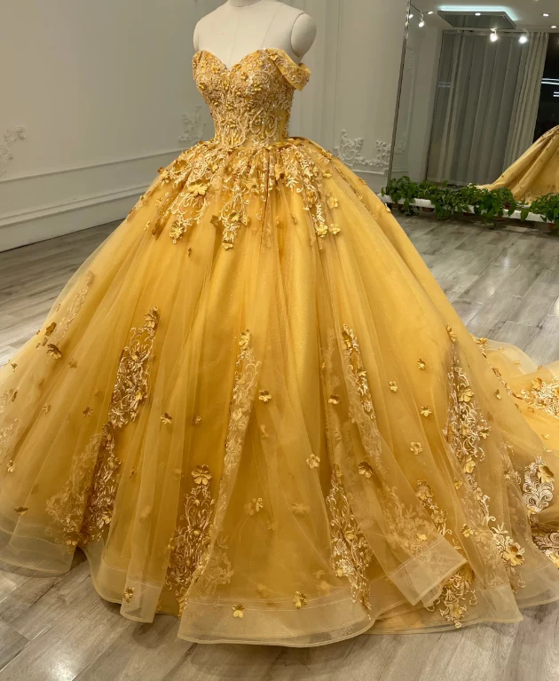 Robes de bal Quinceanera jaunes à décolleté en cœur pour femmes