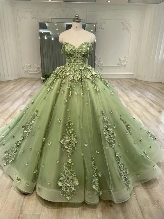 Robe de bal verte en tulle, coupe trapèze, robe de soirée pour femme