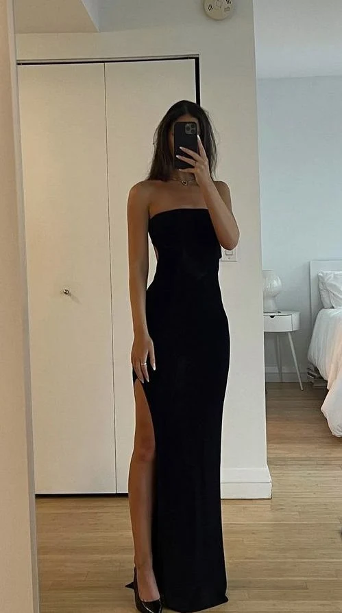 Robe de soirée longue noire style sirène fendue