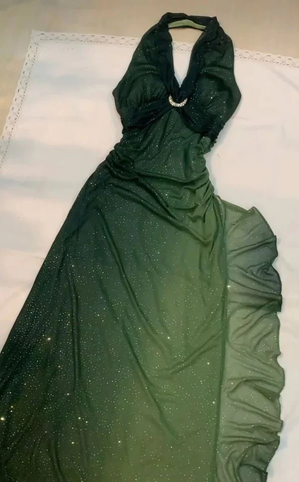 Robe de soirée longue sexy en mousseline de soie verte ombrée dos nu