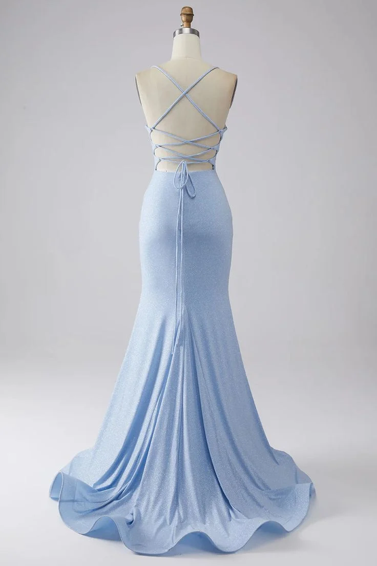 Robe de bal longue sirène bleu clair pour des soirées élégantes