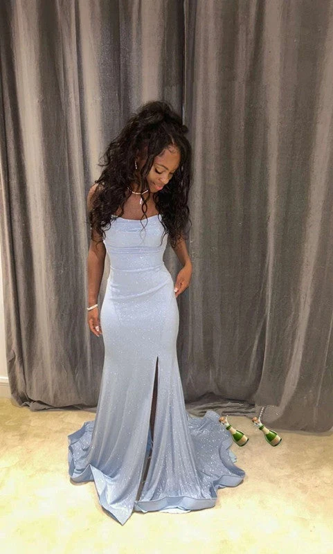 Robe de bal longue sirène bleu clair pour des soirées élégantes